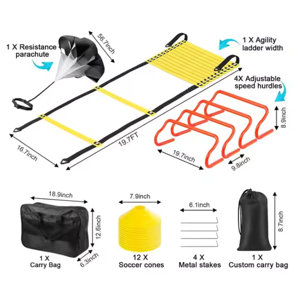 Complete Soccer Agility Training Set – 12 Cones, 4 Hurdles, Ladder & Speed Parachute